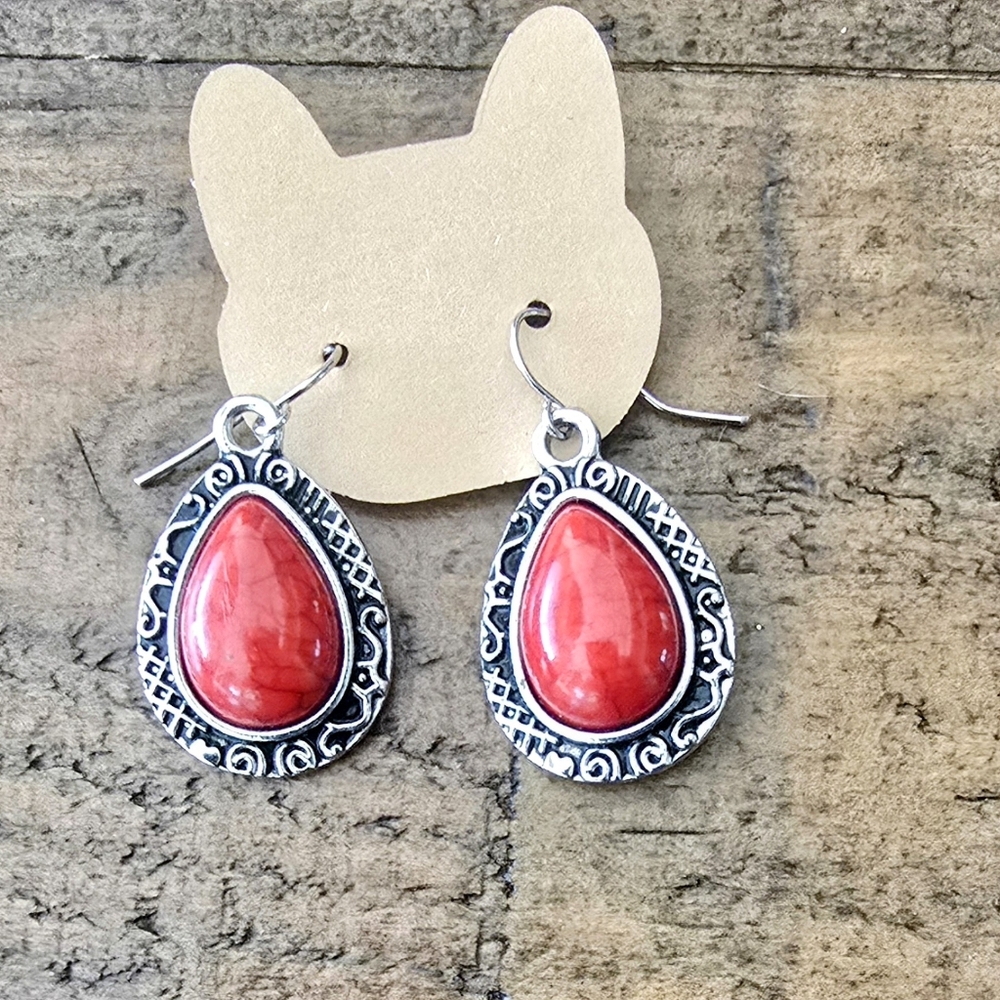 Silver and Red/Salmon Teardrop Earrings
